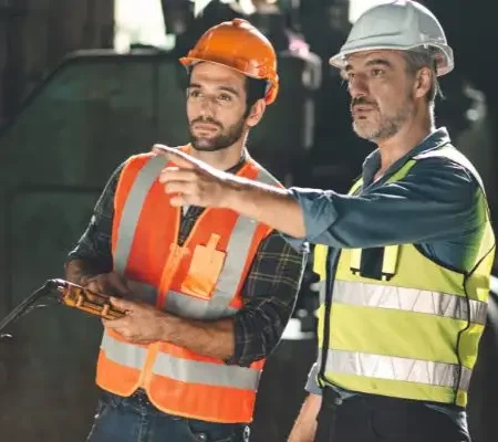 Two workers in hardhats undergo crusher maintenance training