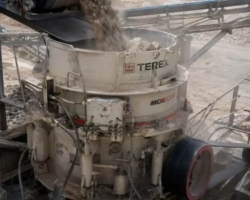 Cone crusher processing material with steady feed and active conveyors, highlighting crusher performance optimization in a working mining operation.