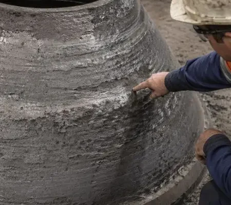 Technician inspecting worn cone crusher liner surface to assess wear patterns and support crusher liner optimization.