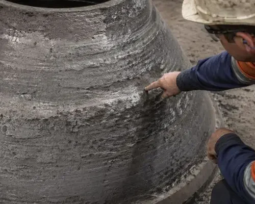 Technician inspecting worn cone crusher liner surface to assess wear patterns and support crusher liner optimization.