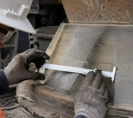 Technician measuring cone crusher liner thickness with calipers to monitor wear and extend crusher liner life.
