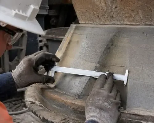 Technician measuring cone crusher liner thickness with calipers to monitor wear and extend crusher liner life.