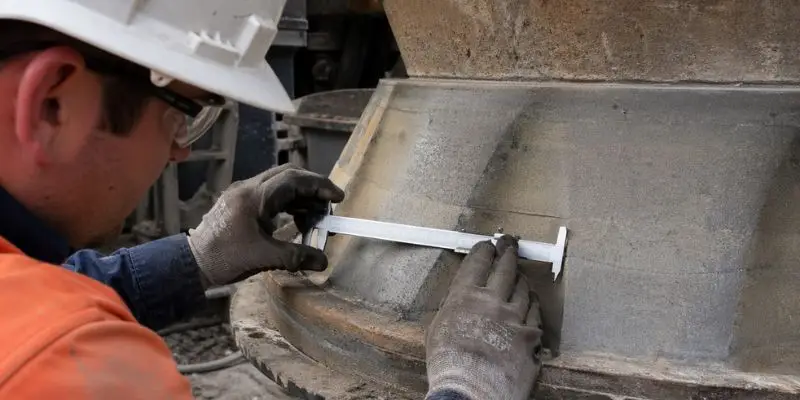 Technician measuring cone crusher liner thickness with calipers to monitor wear and extend crusher liner life.