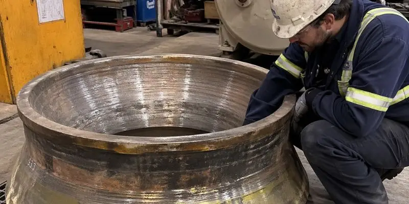 Technician inspecting cone crusher liner in a workshop to evaluate wear patterns and support crusher liner wear analysis.