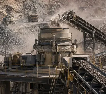 Cone crusher operating at a large mining site with conveyors moving material, supporting efforts to reduce crusher downtime.