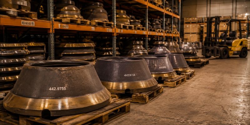 Stocked cone crusher spare parts including mantles and bowl liners organized in a mining parts warehouse ready for emergency deployment