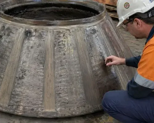 Technician inspecting worn cone crusher wear parts on large liner component in workshop
