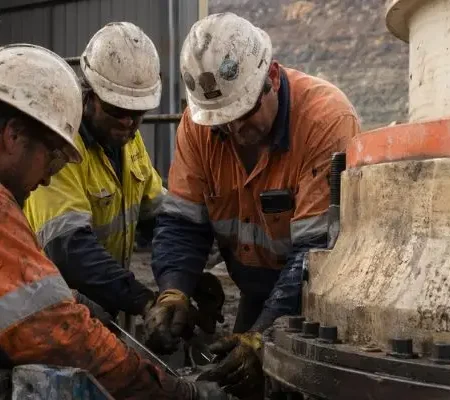 Field technicians performing fractional crusher engineering support during cone crusher maintenance on-site