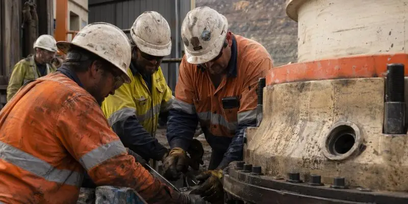 Field technicians performing fractional crusher engineering support during cone crusher maintenance on-site