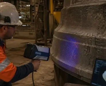 Technician scanning cone crusher mantle and bowl liner with 3D scanner for wear analysis in plant