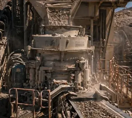 Cone crusher operating in quarry with material flow during troubleshooting and performance inspection