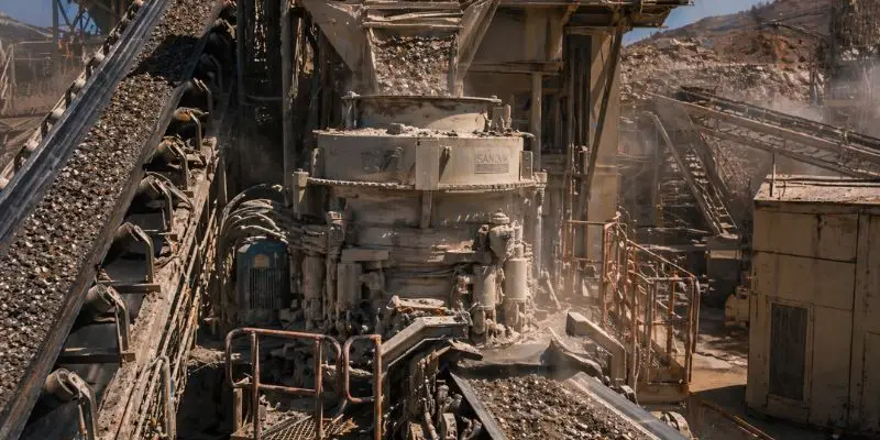 Cone crusher operating in quarry with material flow during troubleshooting and performance inspection