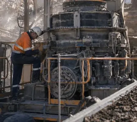 Technician performing maintenance with full machine crusher engineering support on cone crusher at mining site