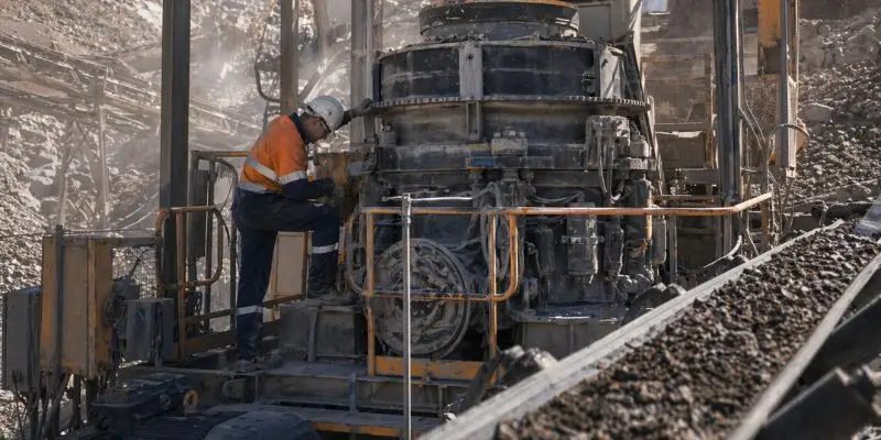 Technician performing maintenance with full machine crusher engineering support on cone crusher at mining site