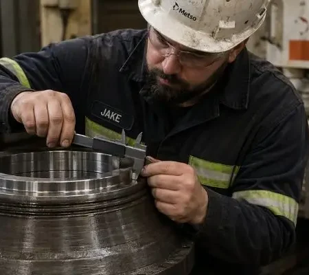 Technician measuring aftermarket cone crusher part for quality control