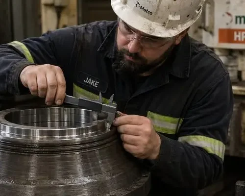 Technician measuring aftermarket cone crusher part for quality control