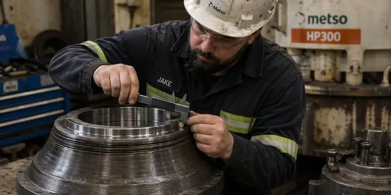 Technician measuring aftermarket cone crusher part for quality control