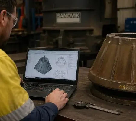 Engineer reviewing custom engineered crusher liners design on laptop next to cone crusher component in workshop