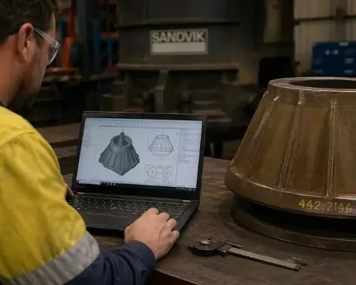 Engineer reviewing custom engineered crusher liners design on laptop next to cone crusher component in workshop
