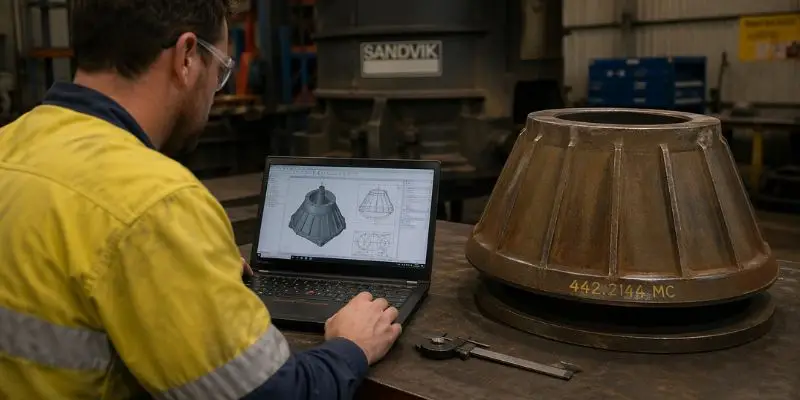Engineer reviewing custom engineered crusher liners design on laptop next to cone crusher component in workshop