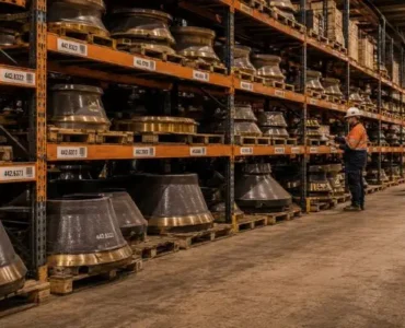 Organized cone crusher parts inventory in a mining parts warehouse showing stocked components and shelving systems for planned parts management