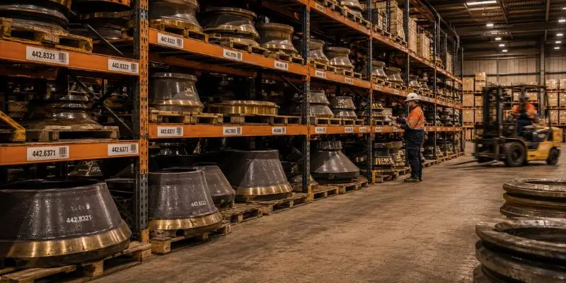 Organized cone crusher parts inventory in a mining parts warehouse showing stocked components and shelving systems for planned parts management