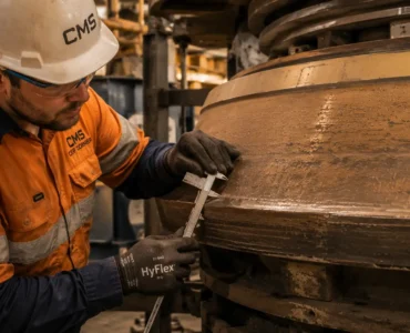 Cone Crusher Wear Parts Inspection Checklist Mine maintenance technician conducting a systematic cone crusher wear parts inspection and measuring liner wear depth at a mining operation