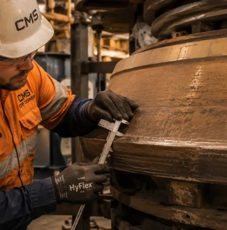 Mine maintenance technician conducting a systematic cone crusher wear parts inspection and measuring liner wear depth at a mining operation