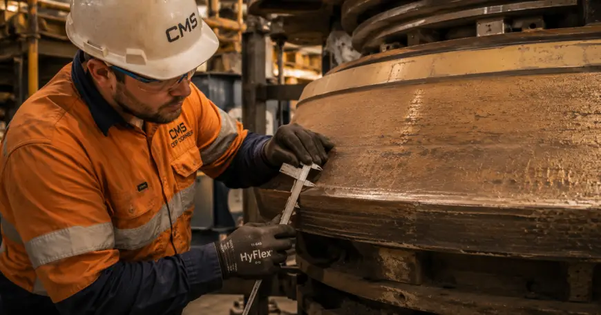 Mine maintenance technician conducting a systematic cone crusher wear parts inspection and measuring liner wear depth at a mining operation