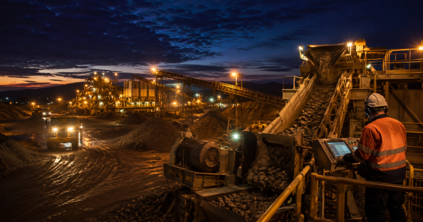 Mining crushing operation running at night illustrating the need for genuine 24/7 crusher support during continuous production shifts