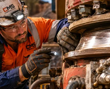 Mine maintenance technician performing cone crusher troubleshooting and inspecting crusher components at an active mining site