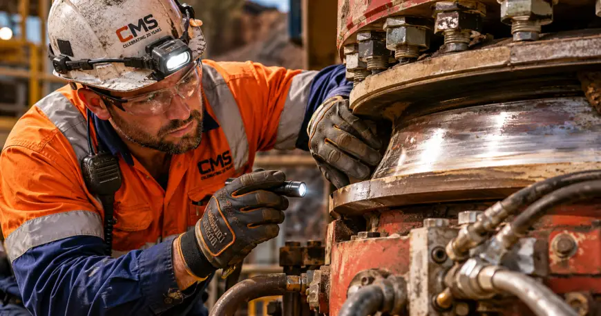 Mine maintenance technician performing cone crusher troubleshooting and inspecting crusher components at an active mining site