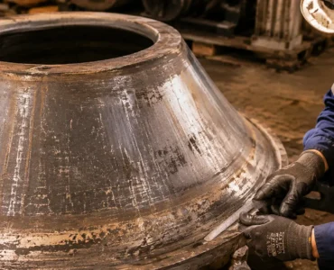 cone crusher wear parts Mine maintenance technician inspecting cone crusher wear parts and examining liner wear surface after removal at a mining operation