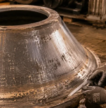 Mine maintenance technician inspecting cone crusher wear parts and examining liner wear surface after removal at a mining operation