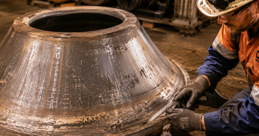 Mine maintenance technician inspecting cone crusher wear parts and examining liner wear surface after removal at a mining operation