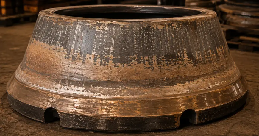 Worn cone crusher mantles and bowl liners showing wear progression and surface degradation indicating approaching replacement threshold