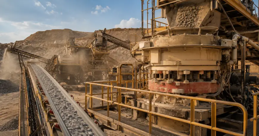 cone crusher operating at full production capacity at a mining operation illustrating the connection between parts availability and crusher uptime improvement