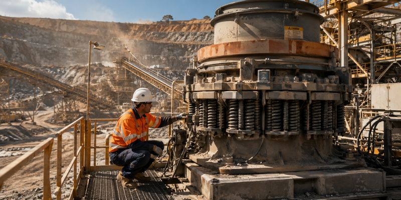 Cone crusher engineering support specialist conducting an on-site machine assessment at an active open-pit mining operation