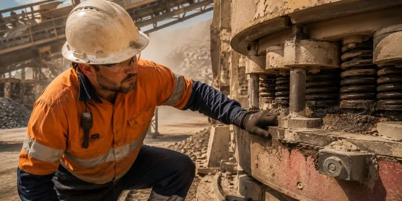 Mine maintenance technician identifying a cone crusher warning sign during production and conducting immediate cone crusher troubleshooting inspection