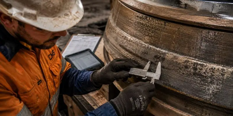 Mine maintenance technician performing crusher liner wear analysis by taking precise wear measurements on a cone crusher liner surface