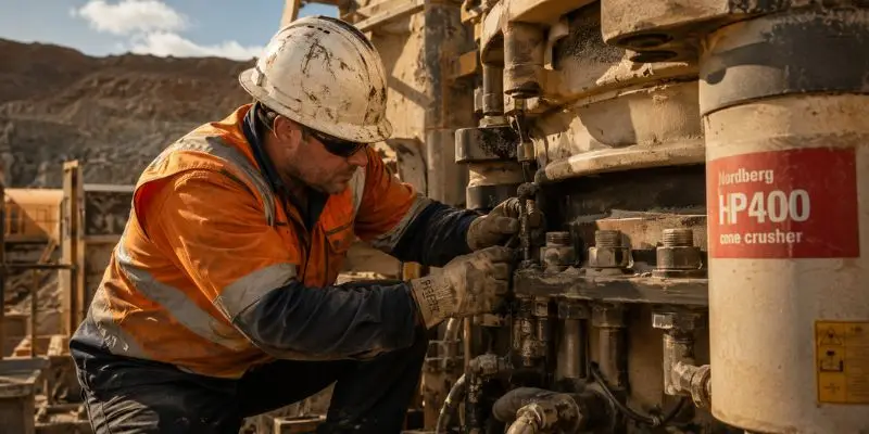 Mine maintenance technician performing hands-on crusher maintenance support on a cone crusher at an active mining site