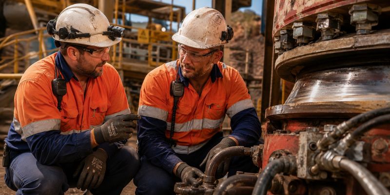 Crusher engineer providing direct fractional crusher engineering support to a mine maintenance team member at an active mining site